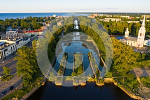 A view of the ruins of ancient gateways at the entrance of the Staroladozhsky Canal in Shlisselburg, Leningrad, Russia