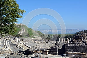 View of the ruins of the ancient Scythopolis, the Jordan Valley and the biblical hills in Beit Shaan.