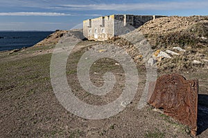 View at ruins of Beniguet bastion in Beg er Vachif peninsula in west of Houat island. French Brittany