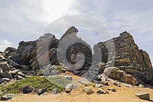 View of ruins of Bushiribana gold smelter in national park on island of Aruba..