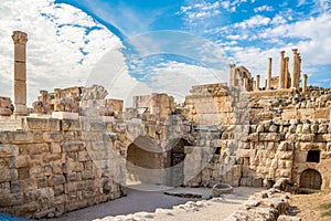 View at the ruins of Deacon house in Archaeological complex of Jerash in Jordan photo