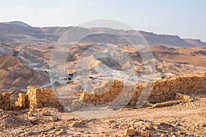 View on the ruins of the Masada fortress in the Judaean Desert, Israel
