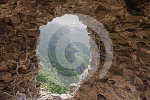 View from ruins of medieval castle Starhrad to valley, Slovakia, Mala Fatra, spring day