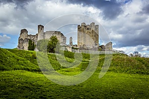 A view of the ruins of the motte and bailey castle at Conisbrough, UK