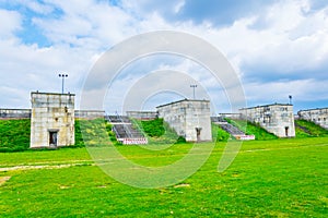 View of ruins of nazi sport stadium within the nsdap rally grounds in Nurnberg, Germany