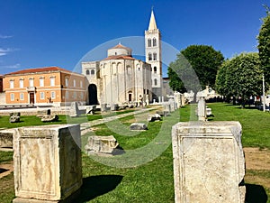 A view of the ruins of the roman forum with the Church of St Donatus in the background, in Zadar, Croatia.