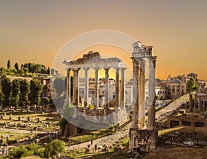 View of the ruins of a Roman forum with famous sights, Rome