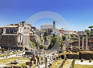 View of the ruins of a Roman forum with famous sights, Rome