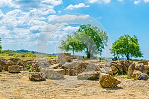 View of ruins of the temple of Castore and Polluce in the Valley of temples near Agrigento in Sicily, Italy