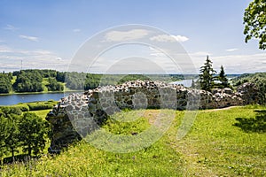 View of the ruins of The Viljandi Castle and lake on the background, Estonia