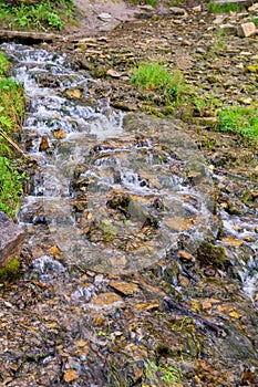 View of a rushing stream on the slope of a picturesque hill.