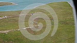 View of Russian tundra its rivers lakes ground from helicopter widow.