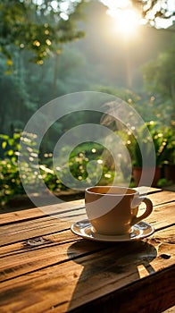 view Rustic charm Sunrise coffee on wooden table amid lush greenery