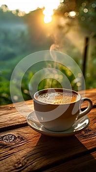 view Rustic charm Sunrise coffee on wooden table amid lush greenery
