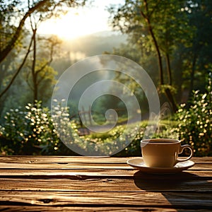 view Rustic charm Sunrise coffee on wooden table amid lush greenery