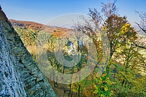 View from rVuins of hrad Sasov castle near river Hron during autumn