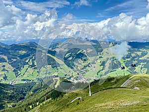 View on Saalbach village and mountains in Saalbach-Hinterglemm skiing region in Austria on a beautiful summer day