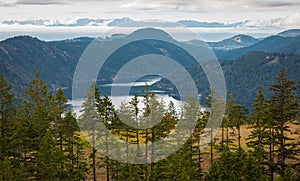 View of the Saanich inlet and gulf islands from the Malahat summit at morning in Vancouver Island, BC, Canada