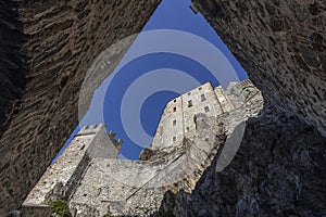 View of the Sacra of San Michele in Sant\'Ambrogio of Torino, Province of Turin, Piedmont, Italy