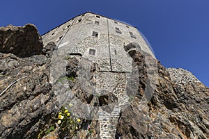 View of the Sacra of San Michele in Sant\'Ambrogio of Torino, Province of Turin, Piedmont, Italy