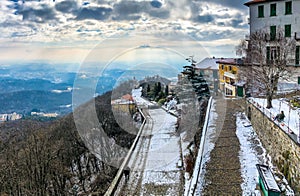 View from Sacred Mount or Sacro Monte of Varese on the historic pilgrimage route with Chapel XIV, Varese, Italy