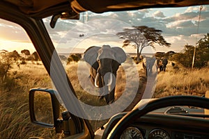 View from a safari vehicle of an imposing elephant leading its herd across the savanna at sunset, offering a breathtaking glimpse