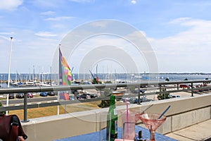 View of sailboats docked at the pier viewed from University of Kiel Sailing Center