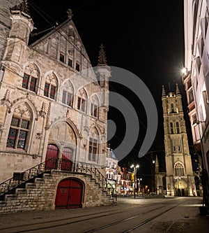 View of the Saint Bavo Cathedral, Het Belfort van Gent. Ghent, Belgium,