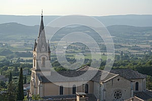 View on Saint-Gervais church in of old medieval town Bonnieux, Provence