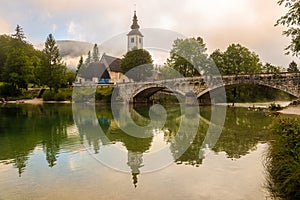 View at the Saint John the Baptist in Ribcev Laz near Bohinj Lake in Slovenia