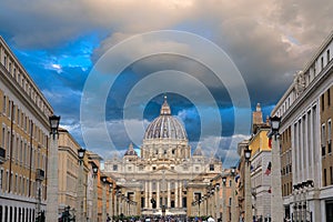 View of Saint Peter`s Basilica in Rome from the Via della Conciliazione, Italy.