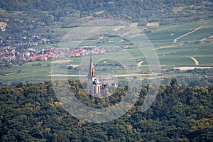 view on saint rochus chapel from hiking train to niederwald statue