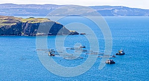 A view of salmon fisheries beside the town of Uig on the Isle of Skye, Scotland