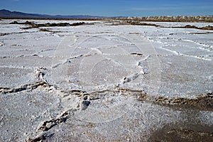 View of salt desert field with dry salt formations and mountains on the background