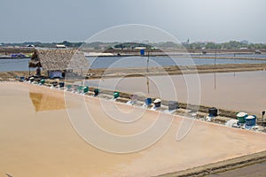 View of salt evaporation pond or lake at countryside of Thailand.