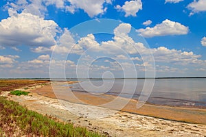 View of salt Ustrichnnoe oyster lake in Kherson region, Ukraine