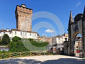 View from Salvi Park of the tower of Porta Castello in Vicenza, Italy