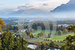 View on Salzburg and mountain Untersberg from mountain Monchsberg. Austria