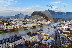 View of Salzburg and Salzach river from Monchsberg mountain. Austria