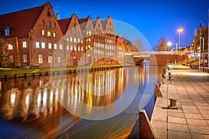 View of Salzspeicher salt storehouses of Lubeck at night