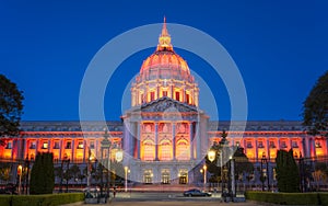 View of San Francisco City Hall illuminated at dusk