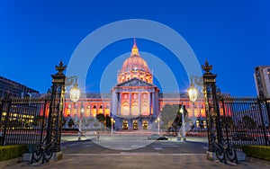 View of San Francisco City Hall illuminated at dusk