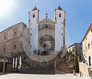 View at the San Francisco Javier Church, or Preciosa Sangre Church, an iconic heritage church on CÃÂ¡ceres city, tourist people photo