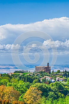 The view from San Gimigiano on the church in Tuscany landscape