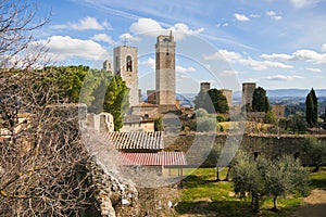 View of San Gimignano, known as the `city of beautiful towers,` had 72 towers in its heyday. Now 14 remain, and, rising above Tusc