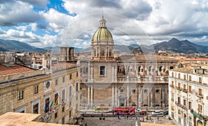 View of San Giuseppe dei Teatini church with Pretoria fountain from roof of Santa Caterina church in Palermo.