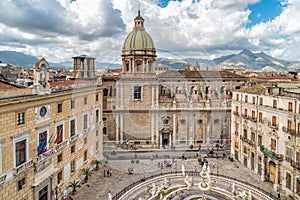 View of San Giuseppe dei Teatini church with Pretoria fountain from roof of Santa Caterina church in Palermo.