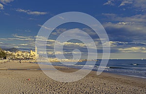 View of the San Sebastian Beach in Sitges, Spain.