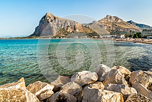 View of San Vito Lo Capo beach with Monte Monaco in background, Sicily.