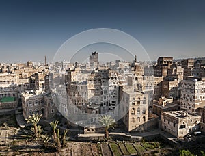 View of sanaa city old town architecture skyline in yemen